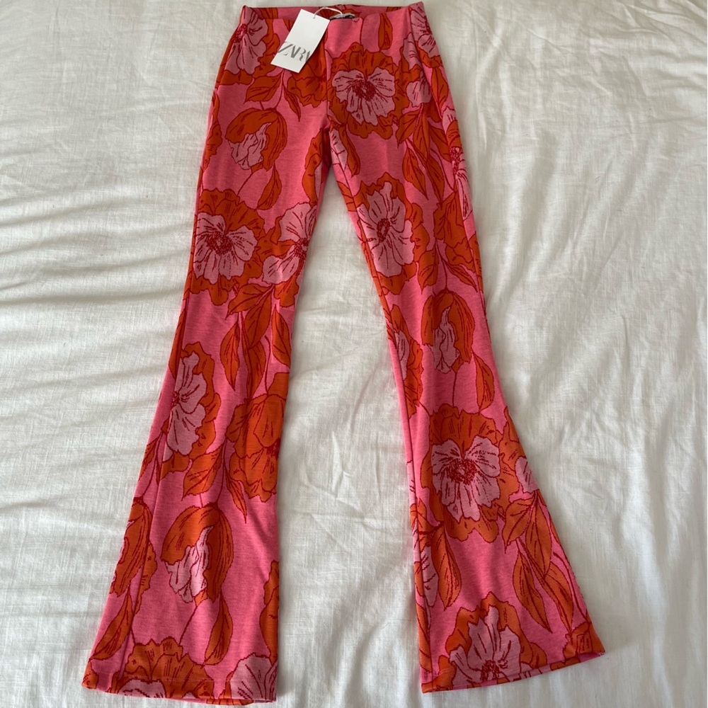 Zara Pink Floral Jacquard Pants